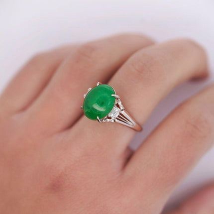 5.87 Carat Cabochon Green Jadeite Jade Baguette Diamond Three Stone Ring Platinum-Time and Carat