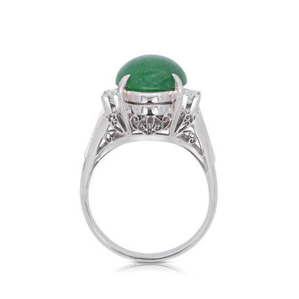 5.87 Carat Cabochon Green Jadeite Jade Baguette Diamond Three Stone Ring Platinum-Time and Carat