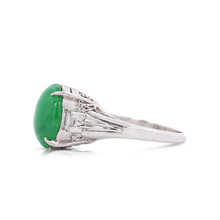 5.87 Carat Cabochon Green Jadeite Jade Baguette Diamond Three Stone Ring Platinum-Time and Carat