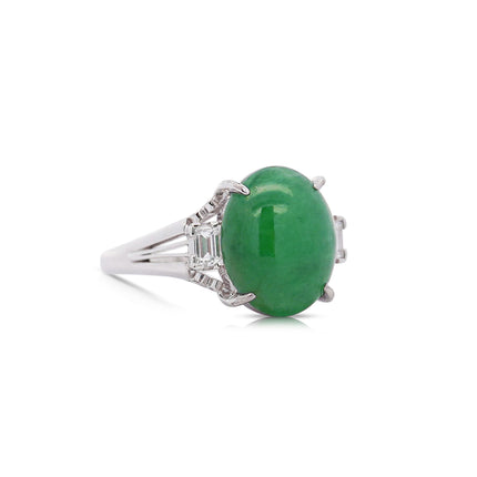 5.87 Carat Cabochon Green Jadeite Jade Baguette Diamond Three Stone Ring Platinum-Time and Carat