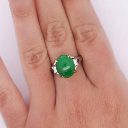 5.87 Carat Cabochon Green Jadeite Jade Baguette Diamond Three Stone Ring Platinum-Time and Carat