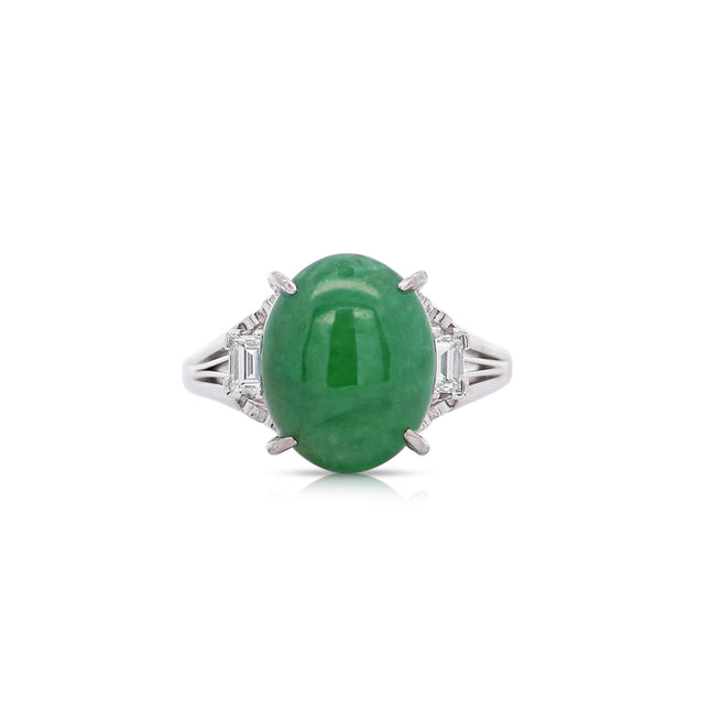 5.87 Carat Cabochon Green Jadeite Jade Baguette Diamond Three Stone Ring Platinum-Time and Carat
