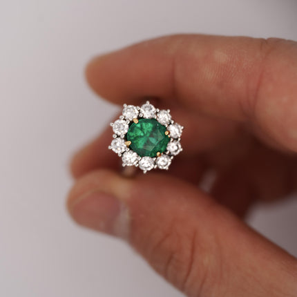 2.69 Carat Vivid Green Oval Emerald Round Diamond Cluster Halo Platinum Ring