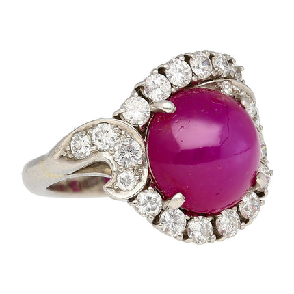 6.01 Carat Cabochon No Heat Vietnam Star Ruby Diamond Freeform Ring Vintage Platinum-Time and Carat