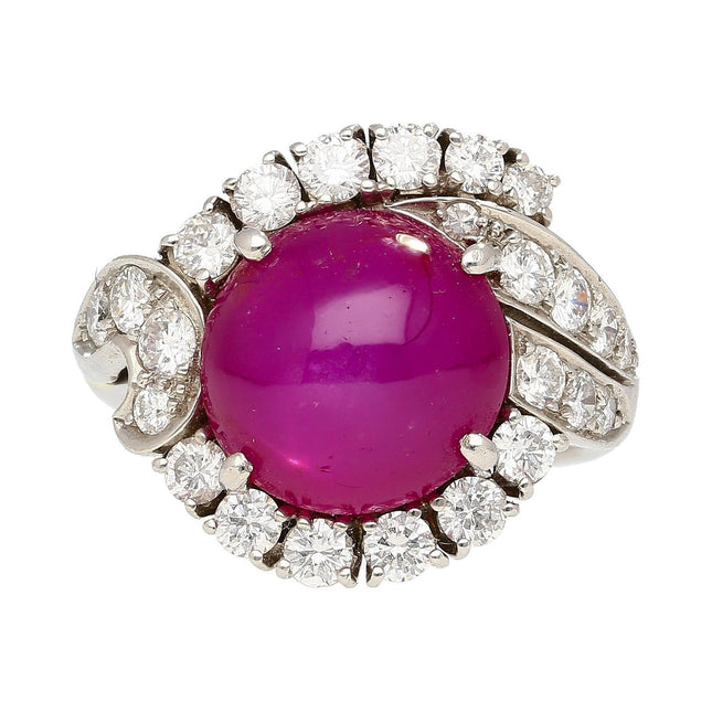 6.01 Carat Cabochon No Heat Vietnam Star Ruby Diamond Freeform Ring Vintage Platinum-Time and Carat