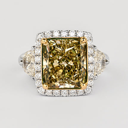 6.07 Carat Radiant Cut Fancy Brownish Greenish Yellow Diamond Half Moon Halo Ring-Time and Carat