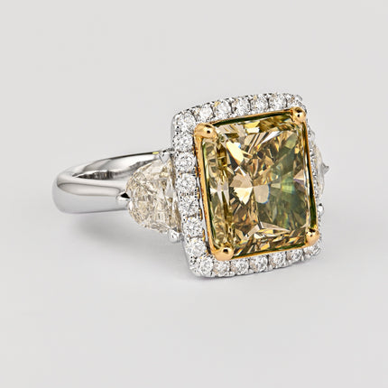 6.07 Carat Radiant Cut Fancy Brownish Greenish Yellow Diamond Half Moon Halo Ring-Time and Carat