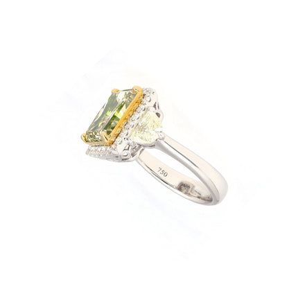 6.07 Carat Radiant Cut Fancy Brownish Greenish Yellow Diamond Half Moon Halo Ring-Time and Carat