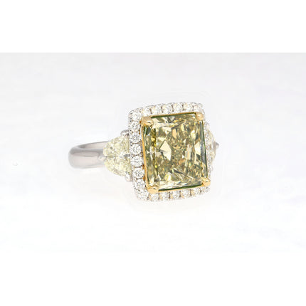 6.07 Carat Radiant Cut Fancy Brownish Greenish Yellow Diamond Half Moon Halo Ring-Time and Carat
