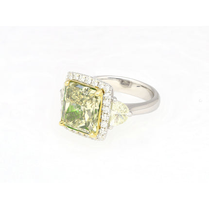 6.07 Carat Radiant Cut Fancy Brownish Greenish Yellow Diamond Half Moon Halo Ring-Time and Carat