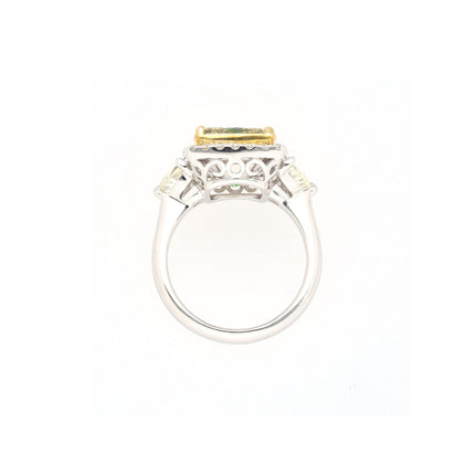 6.07 Carat Radiant Cut Fancy Brownish Greenish Yellow Diamond Half Moon Halo Ring-Time and Carat
