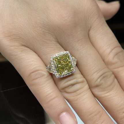 6.07 Carat Radiant Cut Fancy Brownish Greenish Yellow Diamond Half Moon Halo Ring-Time and Carat