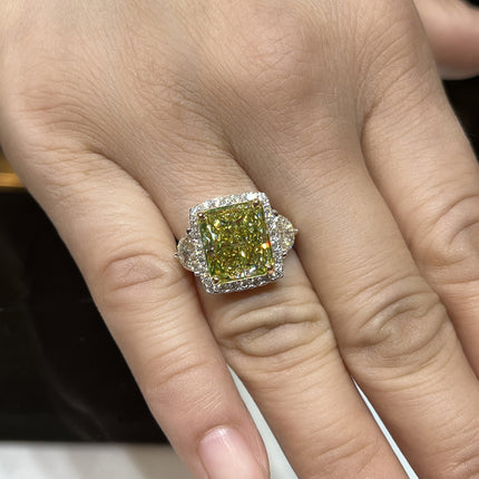 6.07 Carat Radiant Cut Fancy Brownish Greenish Yellow Diamond Half Moon Halo Ring-Time and Carat