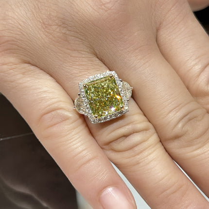 6.07 Carat Radiant Cut Fancy Brownish Greenish Yellow Diamond Half Moon Halo Ring-Time and Carat