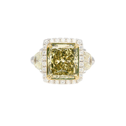 6.07 Carat Radiant Cut Fancy Brownish Greenish Yellow Diamond Half Moon Halo Ring-Time and Carat