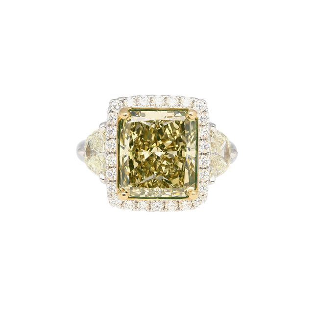 6.07 Carat Radiant Cut Fancy Brownish Greenish Yellow Diamond Half Moon Halo Ring-Time and Carat