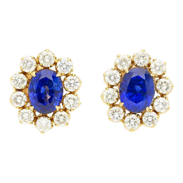 6.28 Carat Oval Cut Royal Blue Ceylon Sapphire Diamond Halo Stud Earrings-Time and Carat