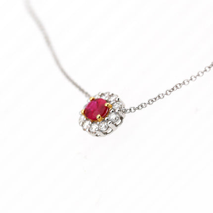 0.83 Carat Oval Burma Ruby Round Brilliant Diamond Single Halo 18K White Yellow Gold Pendant Necklace