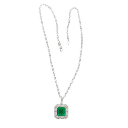 6.33 Carat Emerald Cut Colombian Emerald Round Diamond Pendant Necklace 18K White Yellow Gold Cable Chain Minor Oil-Time and Carat