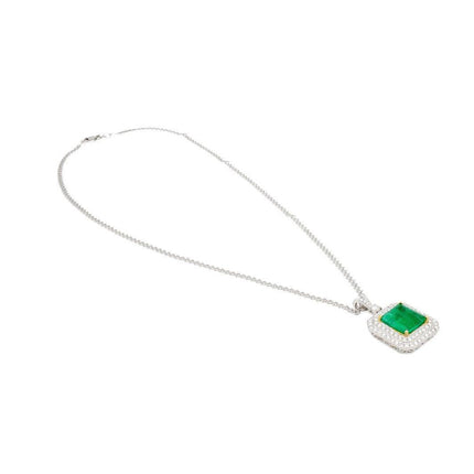 6.33 Carat Emerald Cut Colombian Emerald Round Diamond Pendant Necklace 18K White Yellow Gold Cable Chain Minor Oil-Time and Carat