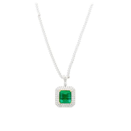 6.33 Carat Emerald Cut Colombian Emerald Round Diamond Pendant Necklace 18K White Yellow Gold Cable Chain Minor Oil-Time and Carat