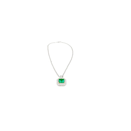 6.33 Carat Emerald Cut Colombian Emerald Round Diamond Pendant Necklace 18K White Yellow Gold Cable Chain Minor Oil-Time and Carat