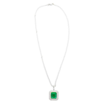 6.33 Carat Emerald Cut Colombian Emerald Round Diamond Pendant Necklace 18K White Yellow Gold Cable Chain Minor Oil-Time and Carat