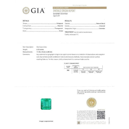 6.33 Carat Emerald Cut Colombian Emerald Round Diamond Pendant Necklace 18K White Yellow Gold Cable Chain Minor Oil-Time and Carat