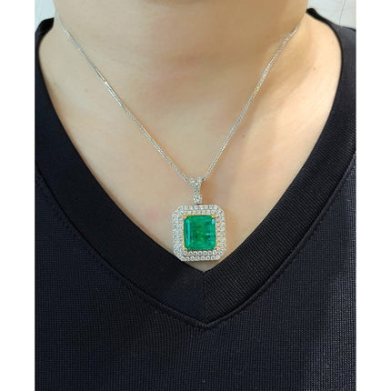 6.33 Carat Emerald Cut Colombian Emerald Round Diamond Pendant Necklace 18K White Yellow Gold Cable Chain Minor Oil-Time and Carat