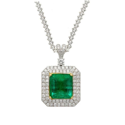 6.33 Carat Emerald Cut Colombian Emerald Round Diamond Pendant Necklace 18K White Yellow Gold Cable Chain Minor Oil-Time and Carat