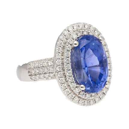 6.34 Carat Oval Cut Sri Lanka Blue Sapphire Round Diamond Halo Ring-Time and Carat