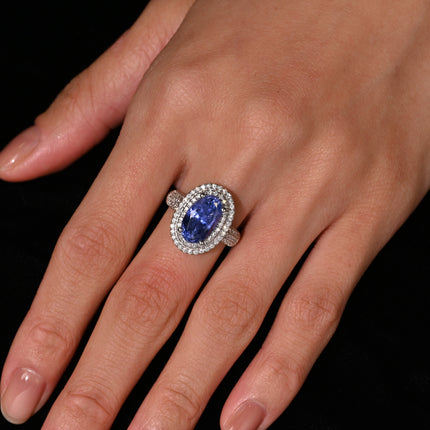 6.34 Carat Oval Cut Sri Lanka Blue Sapphire Round Diamond Halo Ring-Time and Carat