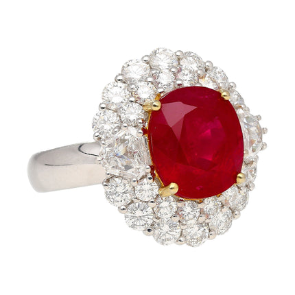 6.39 Carat Oval Brilliant Cut Burma Ruby Pigeon Blood Fancy Diamond Round Diamond Halo Ring 18K White Gold Vivid Red-Time and Carat