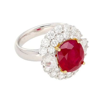 6.39 Carat Oval Brilliant Cut Burma Ruby Pigeon Blood Fancy Diamond Round Diamond Halo Ring 18K White Gold Vivid Red-Time and Carat