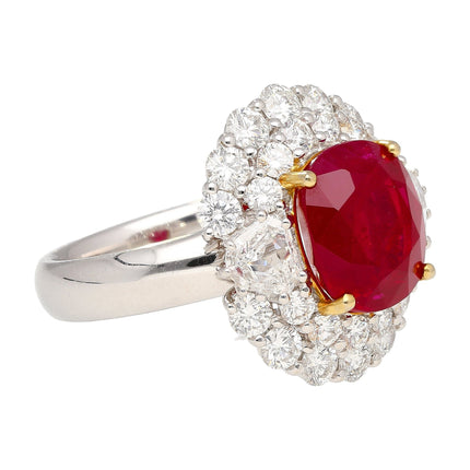 6.39 Carat Oval Brilliant Cut Burma Ruby Pigeon Blood Fancy Diamond Round Diamond Halo Ring 18K White Gold Vivid Red-Time and Carat