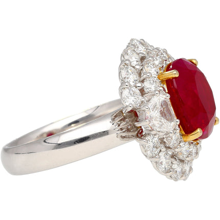 6.39 Carat Oval Brilliant Cut Burma Ruby Pigeon Blood Fancy Diamond Round Diamond Halo Ring 18K White Gold Vivid Red-Time and Carat