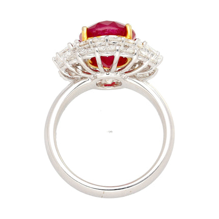 6.39 Carat Oval Brilliant Cut Burma Ruby Pigeon Blood Fancy Diamond Round Diamond Halo Ring 18K White Gold Vivid Red-Time and Carat