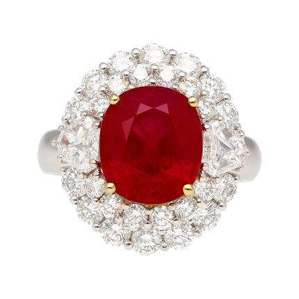 6.39 Carat Oval Brilliant Cut Burma Ruby Pigeon Blood Fancy Diamond Round Diamond Halo Ring 18K White Gold Vivid Red-Time and Carat
