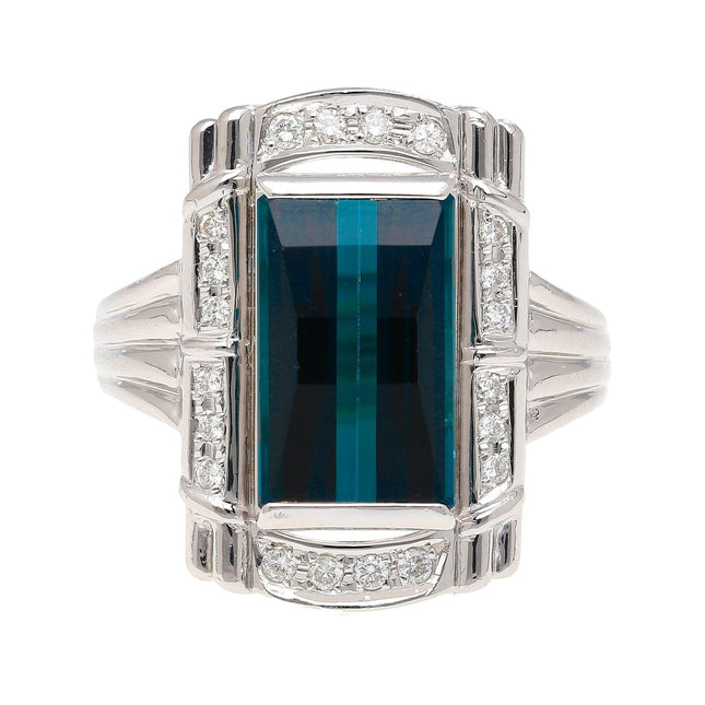 6.40 Carat Rectangular Step Cut Indicolite Tourmaline Diamond Platinum Ring-Time and Carat