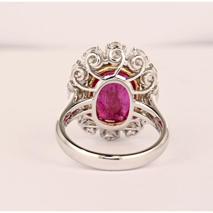6.45 Carat No-Heat Burma Ruby Oval Cut & Round Diamond Halo Ring