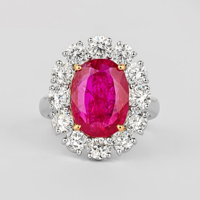 6.45 Carat Oval No Heat Burma Ruby Diamond Halo Cocktail Ring Floral Basket-Time and Carat