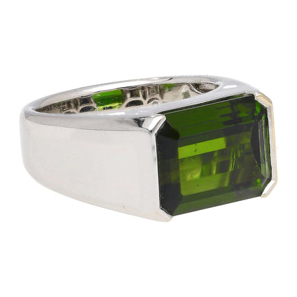 6.47 Carat Octagonal Cut Green Tourmaline Bezel Set 18K White Gold Ring-Time and Carat