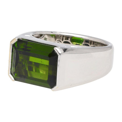 6.47 Carat Octagonal Cut Green Tourmaline Bezel Set 18K White Gold Ring-Time and Carat