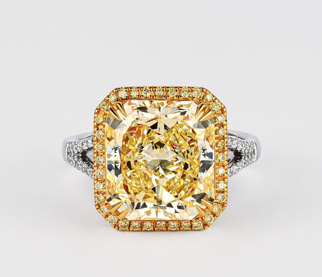 6.60 Carat Radiant Cut Fancy Yellow Diamond White Diamond Halo Split Shank Ring 18K Two-Tone Gold-Time and Carat