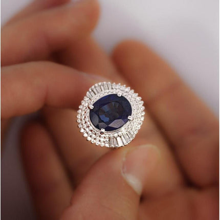 6.75 Carat Oval Cut Blue Sapphire Baguette Diamond Ballerina Ring-Time and Carat