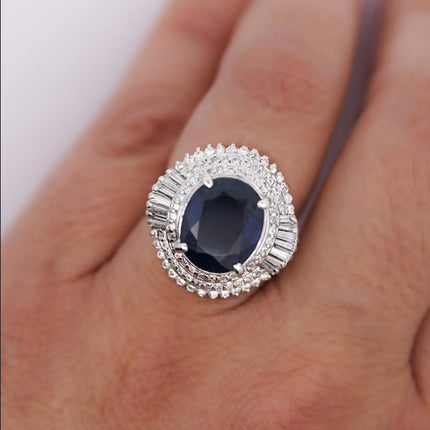 6.75 Carat Oval Cut Blue Sapphire Baguette Diamond Ballerina Ring-Time and Carat