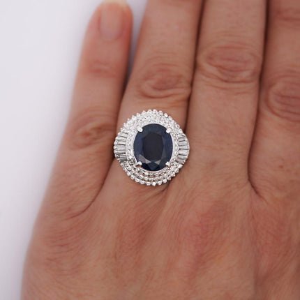 6.75 Carat Oval Cut Blue Sapphire Baguette Diamond Ballerina Ring-Time and Carat