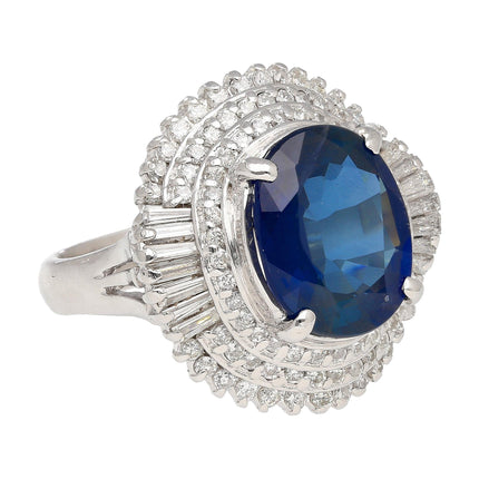6.75 Carat Oval Cut Blue Sapphire Baguette Diamond Ballerina Ring-Time and Carat