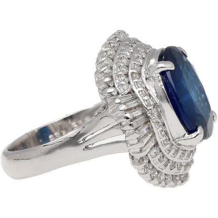 6.75 Carat Oval Cut Blue Sapphire Baguette Diamond Ballerina Ring-Time and Carat