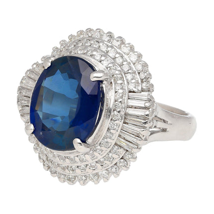 6.75 Carat Oval Cut Blue Sapphire Baguette Diamond Ballerina Ring-Time and Carat